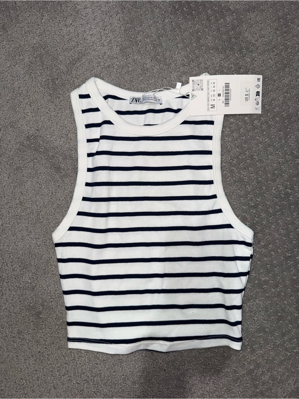 Zara White and Navy Sleeveless Striped Rib Tank